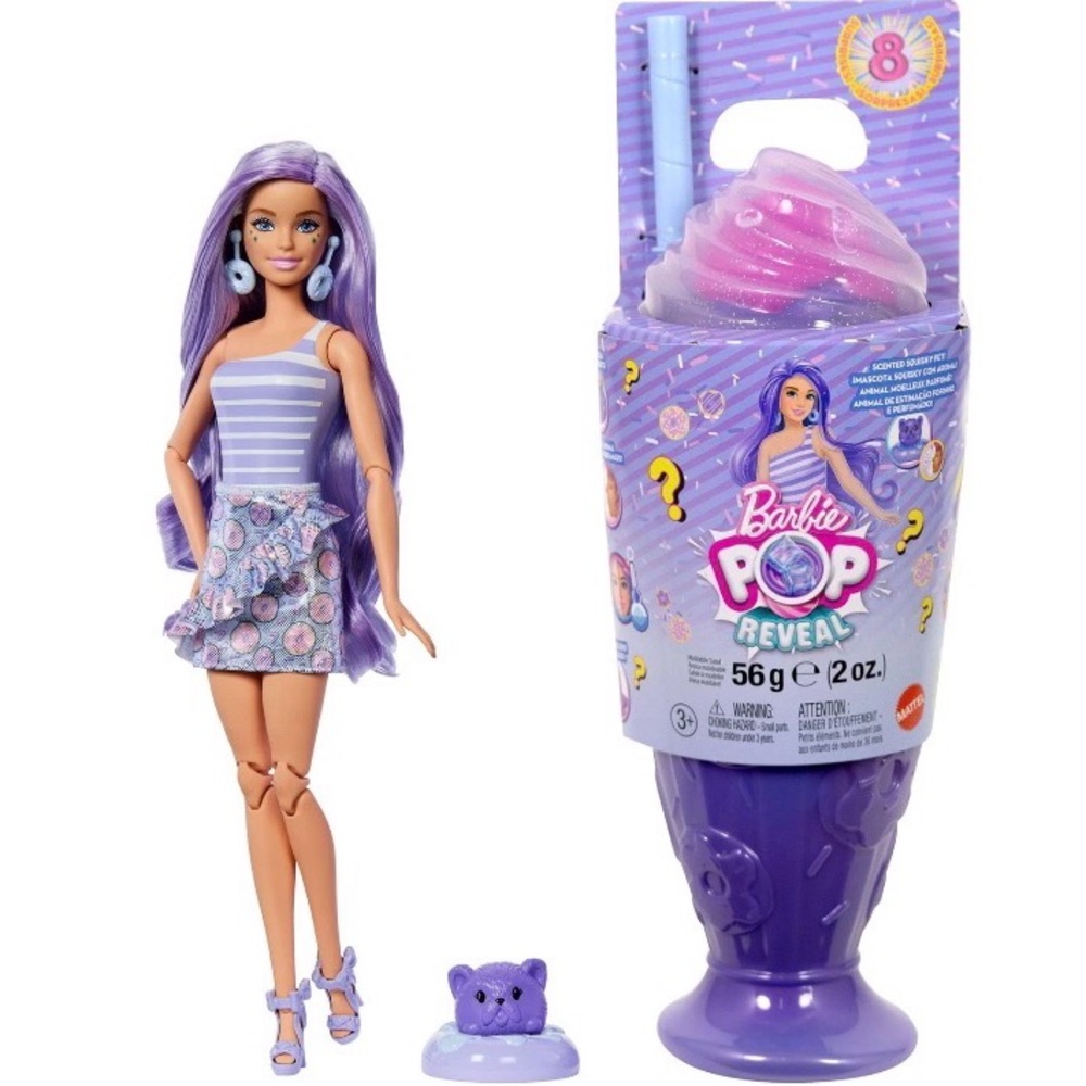 Barbie Pop Reveal Treats Milkshake Series Doughnut Dreams Doll Pet Purple Treat
